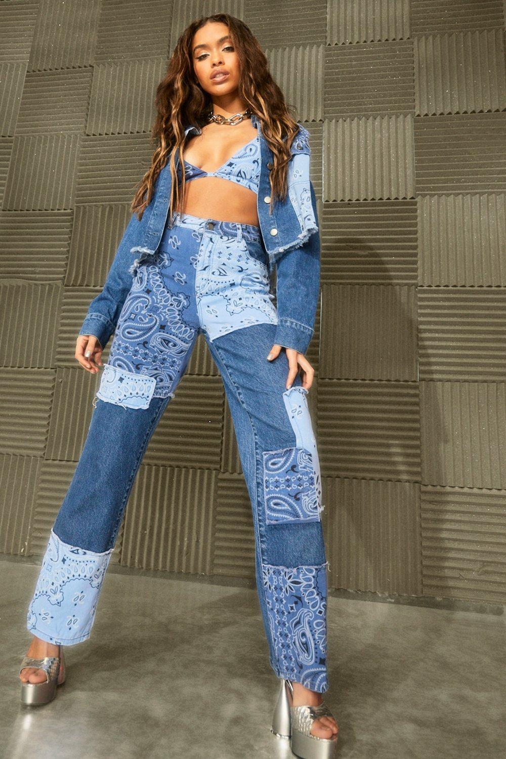 Patchwork Boyfriend Jeans With Bandana Print